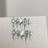 SHOPMOCHO Sweet Lovely Cartoon Bear Long Coffin Stiletto Fake Nails Bowknot Pearl Diamond Flowers Cat Eyes Wearable Fake Nails