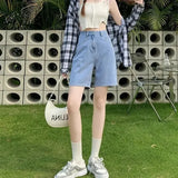 SHOPMOCHO American Retro High Waist Denim Shorts Women Summer Slim Straight Leg Casual Student Versatile Wide Leg Five-Point Pants