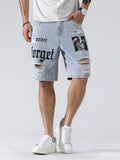 SHOPMOCHO Men Summer Fashion Denim Shorts Jeans For Men Streetwear Letter Ripped Knee Length Baggy Comfort Cargo Casual Shorts Pants Jeans