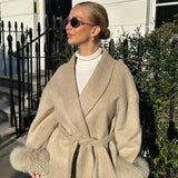 SHOPMOCHO American Fashionable V-neck Lapel Furry Sleeves Lace-up Long-sleeved Woolen Coat Elegant Lace-up Long-sleeved Wool Coat