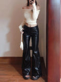 Shopmocho Black Pear-Shaped High-Waisted Plus-Size Wide-Leg PU Leather Pants Women's Bell-Bottom Pants Autumn Season