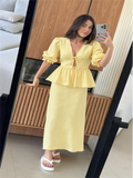Shopmocho Women 's Skirt Set V-neck Lace Up Short Bubble Sleeve Hollow Out Shirt High Waist Long Skirt Female Suit 2025 Summer Lady Outfit