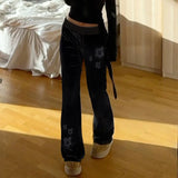 Shopmocho Women Velvet Pants Goth Dark Y2K Star Hot Diamond Slim Flared Pants Retro Streetwear Low Waist Bellbottom Pants