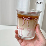 Shopmocho INS Pink Bow Glass Cups Iced Coffee Mug Clear Drinking Glasses Tumbler Milk Tea Juice Water Cup Dessert Cups Drinkware 260-380ML