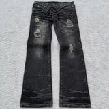 SHOPMOCHO Y2K Vintage Black Wash Flared Jeans For Women Low Rise Lace Up Waist Ripped Distressed Denim Pants With Rivets Streetwear