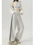 SHOPMOCHO Women Stripe Chic Straight Pant Autumn Spring Retro Sports Sweatpants High Waist Color Blocked Trouseres Lady Casual Streetwear