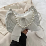 SHOPMOCHO White Folds Pearl Female Bag Retro Luxury Designer Handbag Bow Crossbody Bags Fashion Y2K Vintage Women's Shoulder Bag Purses