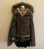 SHOPMOCHO Autumn Winter Vintage Windproof Hooded Jacket Lambswool Lining Warm Zipper Hoodie Women Cotton Brown Zipper Jackets Y2k Coat