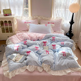 Shopmocho Korean Style Bedding Sets 2025 Pink Grid Bow Quilt Cover Romantic Bed Sheet Sets Woman Girls Bedroom Duvet Cover 4pcs