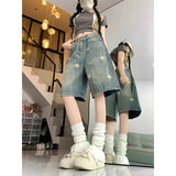 SHOPMOCHO Casual Floral Print Loose Wide Leg Womens Jeans New American Retro Star Design Straight Leg Comfort Stretch Soft Denim Shorts