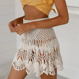 Shopmocho Handmade Crochet Hollow Out Swimwear Cover Up Solid Color Drawstring Short Skirt Women Holiday Knitting Sweet Beachwear