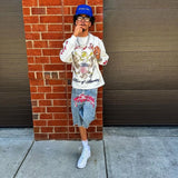 SHOPMOCHO Y2K Graffiti Jorts Rhinestone Distressed Printed Denim Shorts Men Women Trend Retro Hip Hop Streetwear Unisex Baggy Short Pants