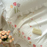 Shopmocho Quilt Bedding Set,white Lightweight Soft Bedspread, embroidery tulip Coverlet Set for All Seasons,3 Piece(1 Quilt,2 Pillow Shams