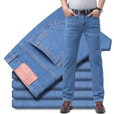 SHOPMOCHO Summer Light Blue Men's Comfort Soft Jeans Thin Straight Business Denim Pants Breathable Cotton Casual Stretch Work Trousers