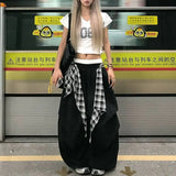 Shopmocho Y2K Black Cargo Pants Women Streetwear Plaid Patchwork Baggy Sweatpants Harajuku Wide Leg Joggers Summer Korean Casual Trousers