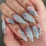 Shopmocho Fish Scale Glitter Powder Long Pointed Fake Nail Shell Pearl Cat Eye Starfish Summer Ripple False Nails Art Charm Press on Nails
