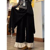 Shopmocho Casual Lace Trim Wide Leg Pants Fake Two-Piece Design Elastic Waist Patchwork Trendy High Waist Nine-Piece Length Polyester F...