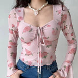 Shopmocho Women Floral Printed Sweet Holiday T-shirts Flare Sleeve Lace Up Chiffon Office Blouse Mesh Beach Tees Top Spring Summer