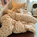 SHOPMOCHO Bedding Set Double Layered Yarn INS Girls Mushroom Soft Washed Cotton Bed Sheet Queen King Size Duvet Set Pillowcase Bed Sheet