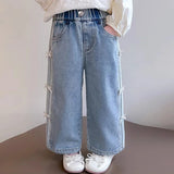 SHOPMOCHO Girls Cargo Jeans Kids Wide-legged Denim Pants Teenagers Fashion Streetwear Loose Trousers Children Casual Clothes 5-12Y