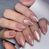 SHOPMOCHO 24Pcs Mid-length Almond Ballet False Nails Simple Cat Eye Design Press on Fake Nail Wearable Full Cover Nail Tips Manicure Tools