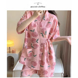 SHOPMOCHO Womens Nightwear Loungewear Kimono Pajamas Student Short Sleeves Shorts Peach Print Tops and Pants Set Sleepwear Comfortable