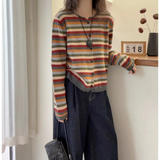 Shopmocho Round Neck Long Sleeve Color Striped Knitted Cardigan for Women in Autumn New Fashionable and Fashionable Sweater Jacket