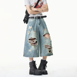SHOPMOCHO Summer Trendy Men Jeans Ripped Loose Casual Man Pants Artistic Design Cropped Long Denim Trousers