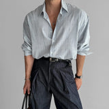 Shopmocho Men's Long Sleeve Casual Linen Striped Shirt Korean Style Lightweight Spring Summer Seasons Blue Color Thin Fabric No Ironing