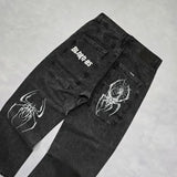 SHOPMOCHO Hip Hop Gothic Retro Spider Pattern Embroidery Baggy Jeans Y2k America Trendy Punk Mens Straight Wide Leg Denim Pants Black Jean