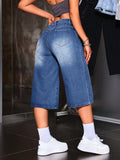 SHOPMOCHO American Retro Hot Girl Style Distressed Fleece Hem Jeans Mid-Thigh Pants, Must-Have Streetwear, High Waist Loose-Fitting Casual