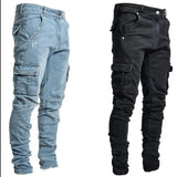 SHOPMOCHO Men Street Elastic Denim Jeans Wash Solid Color Multi Pockets Cargo Pants Casual Slim Fit Daily Wear Joggers Mid Waist Trousers