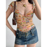 Shopmocho Women Summer New Floral Print Mesh Slim Fit Crop Top Sexy Deep Neck Short Sleeve T-Shirt Women Spicy Girl Top