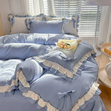 SHOPMOCHO Spring Green Princess Bedding Set Double Layer Lace Bow Quilt Cover Sheet And Pillowcase Simple Pastoral Girl Home Textiles