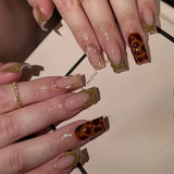 Shopmocho 24Pcs Long Coffin Leopard Print False Nails with Glue Sweet Cool Diamond Fake Nail Set Floral French Press on Wearable Nail Tips