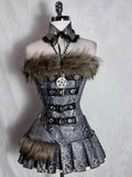 SHOPMOCHO Summer Gothic Retro Fur Trim Corset Design Woman Suit Y2k Slim Lolita Elegant 2 Piece Sets Female Korea Style Sexy Chic Outfits