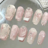SHOPMOCHO 24Pcs Cat’s Eye Leopard Print Press on Fake Nails Mid-length Ballet False Nails with Rhinestone Detachable Full Cover Nail Tip