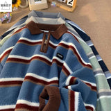 Shopmocho Korean hip-hop autumn and winter half zip polo collar striped sweater for men and women loose and trendy retro Harajuku casual