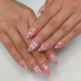 Shopmocho 24PCS Wine Red Almond Press on Nails Cartoon Rabbit Bowknot with Plaid Pearl Designs French Fake Nails for Girls Detachable Nail