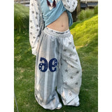 SHOPMOCHO  Women Gray Star Stamp Baggy Wide Leg Sweatpants American Embroidery Pants Harajuku 2000s Style Vintage Y2k Dance Trouse