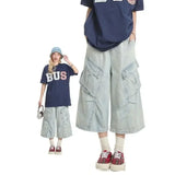 Shopmocho Women Y2k Style Baggy Denim Shorts Wide Leg Short Pants Fashion High Waisted Dark Wash Knee Length Loose Unisex Jeans Casual