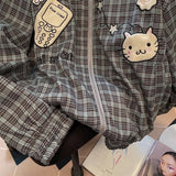 Shopmocho American Sweet Plaid Patchwork Jacket Women Long Sleeve Spring Fall Zip Loose Coat Harajuku Y2K Casual Lazy Kawaii Street Top