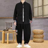 SHOPMOCHO Chinese Style Men Casual Set Ethnic Two Piece Cotton Comfort Stand Collar Jacket Retro Frog Buttons Cuff Ethnic Print Loose Fit