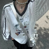 SHOPMOCHO Korean Y2k Butterfly Print T-shirts for Women Translucent Striped V Neck Long Sleeve Tee Shirt American Retro Oversize Clothes