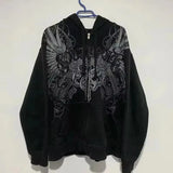 Shopmocho American Retro Rock Gothic Graphic Fur Collar Loose Zipper Sweatshirt Men's Y2K New Harajuku Punk Casual Joker Hoodie Streetwear