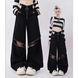 Shopmocho American Individualized Spicy Girl Hollow Out Workwear Pants for Women Fashion Zipper Two Wear Design Casual Versatile Trousers