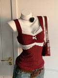 SHOPMOCHO Y2K summer fashion new patchwork lace bow decoration pure desire vest, versatile top for wearing outside