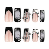 Shopmocho 24pcs Glossy Black Fake Nails For Spicy Girls Shimmery Rhinestone French Style Cross Press On Nail Mid-length Coffin Cool Nails