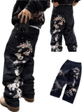 SHOPMOCHO New Sakura Carp Embroidered Jeans Y2k Harajuku Retro Men and Women Loose Street Style Trousers Gothic Punk Casual Straight Jeans