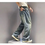 SHOPMOCHO American High Street Fashion Brand Loose Straight Leg Denim Pants for Men, with Patchwork Design and Wide Leg Curved Knife Pants